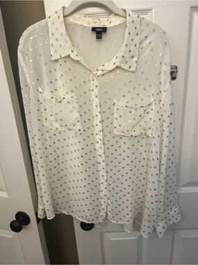 Mossimo White Sheer Button-Up Blouse with Gold Polka Dots size XL